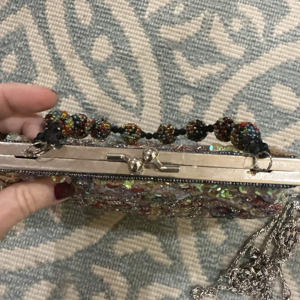 Vintage Colorful Beaded Handbag Black Fabric Satin Lining Multicolored Beads‎